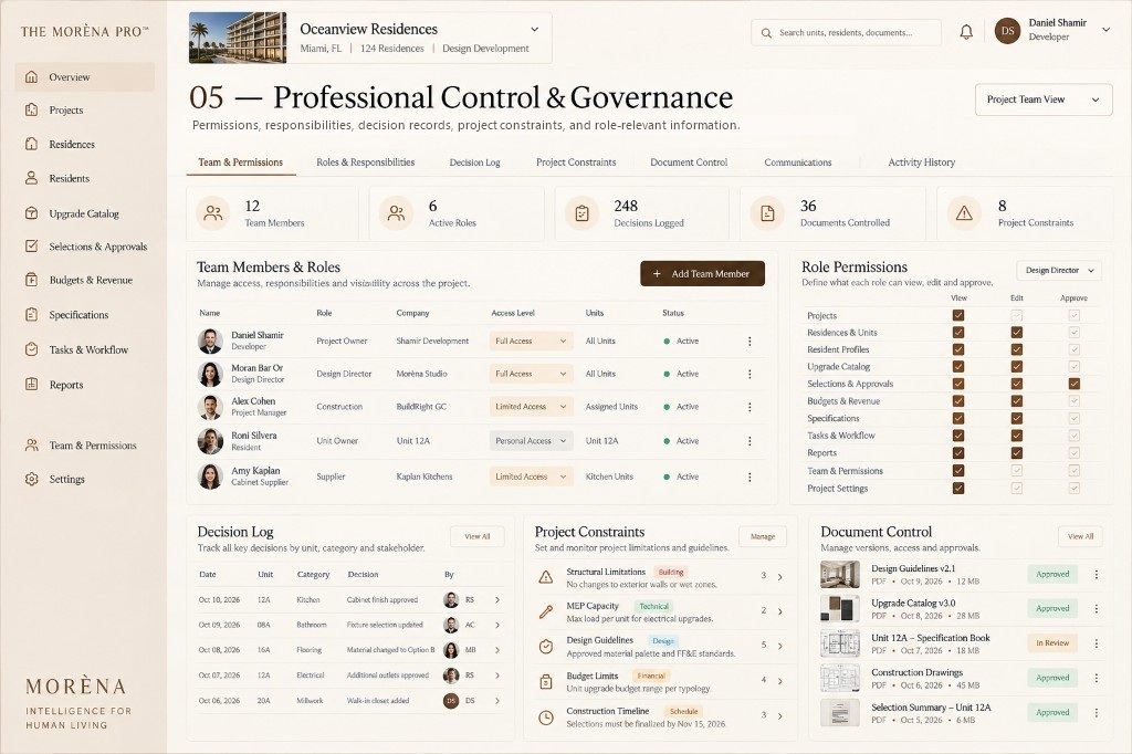 Role permissions, decision log, project constraints and controlled documents